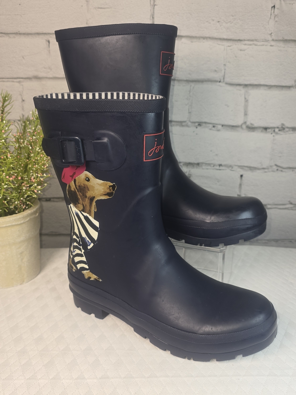 JOULES PRINT MOLLY WELLY RAIN BOOTS NAVY SAUSAGE DOG DACHSHUND WOMENS 7